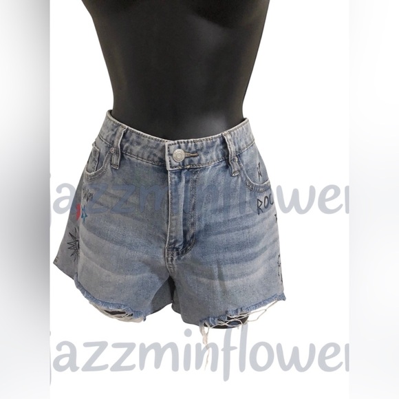 Playboy blue jeans shredded distressed hem bunny logo denim shorts size 11 new‎ - Picture 3 of 16